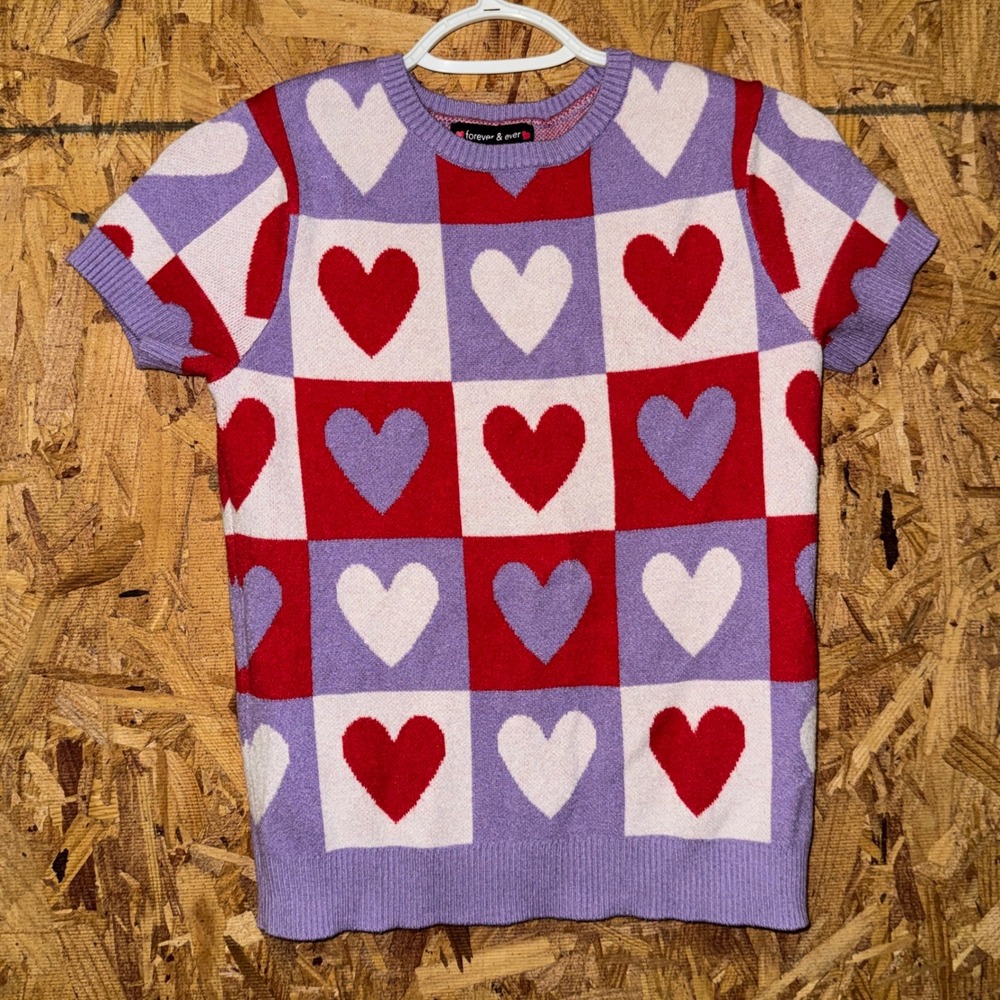Preppy‎ Hearts Sweater Top Purple/Red Knit Valentines Festive Cute Girly Love XS